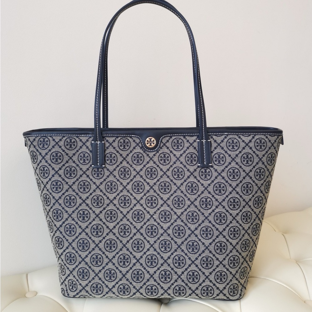 Tory Burch Elegant Navy Patterned Tote by [Brand]
